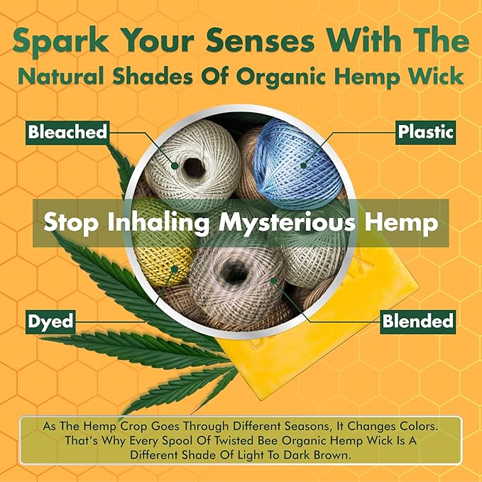 100% Organic Hemp Wick with Natural Beeswax Coating, Twisted Bee (200ft x Standard Size)
