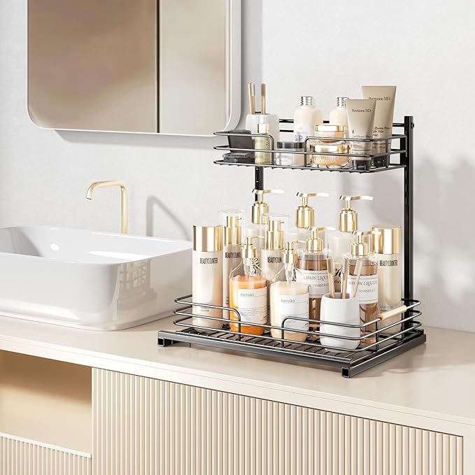 Delamu Under Sink Organizer, Height Adjustable Under Sink Organizers and Storage, Slide Out Under Sink Storage Shelf for Kitchen Bathroom Pantry Cabinet