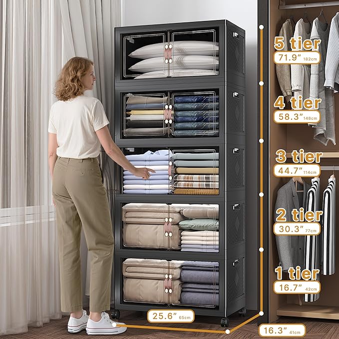Extra Large Stackable Storage Bins with Lids & Wheels, Foldable Collapsible Closet Organizers Dark Storage Cabinet with Doors for Bedroom Dorm