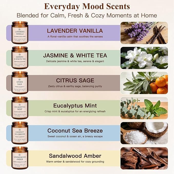 6-Pack Scented Soy Candle Set – Lavender Vanilla, Eucalyptus, Sandalwood, Jasmine & White Tea, Coconut, Sage | Natural Soy Wax Spring Summer Aromatherapy Candles for Home, Vacation, Relaxation & Spa