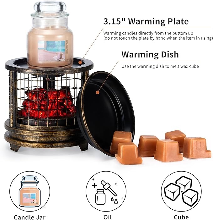 MOAFINA Bronze Grid Campfire Wax Melt Warmer with Timer, 3D LED Fire Effect 4-in-1 Electric Wax Warmer for Scented Wax, Home/Bedroom/Office Gifts & Decor