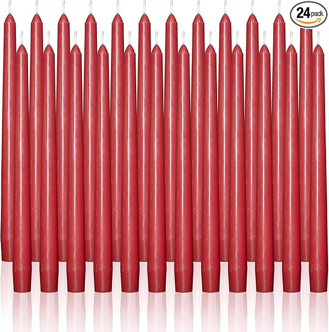 OSHINE 10 Inch Red Taper Candles - 24 Pack Long Taper Candle Dripless Unscented Smokeless & Emergency 7-8 Hours Long Burning Tall Candlesticks Ideal for Dinner Parties, Valentine, Weddings, Kwanzaa