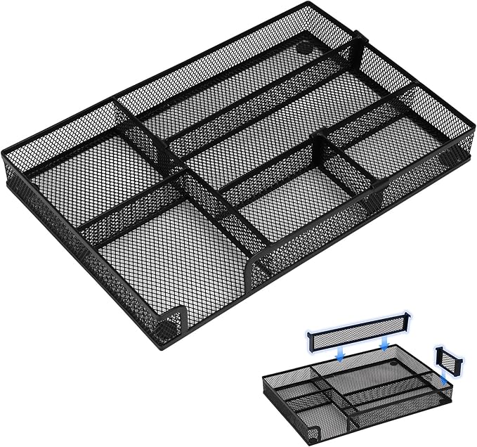 Desk Drawer Organizer Tray with 2 Adjustable Compartments, Metal Mesh Drawer Organizer, Multifunctional Desktop Drawer Organizer Organizer Set for Office, Home and School Supplies, 2.6x8.26x1.57 in