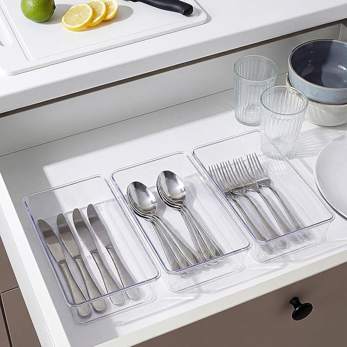Maitys 12 Pcs Clear Drawer Organizer 9 x 6 x 2 Inches Plastic Rectangle Trays Makeup Vanity Storage Bins and Kitchen Drawers Dividers for Office Desk Silverware Kitchen Utensils