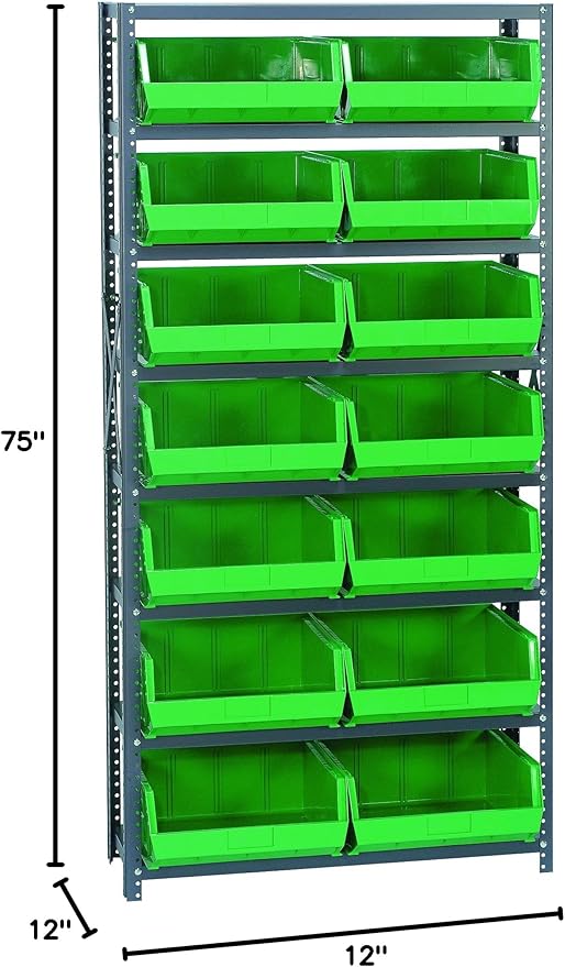 Quantum Storage Systems QSBU-250GN Giant Open Hopper Steel Shelving System, 12" D x 36" W x 75" H, with 8 Shelves and 14 QUS250 Bins, Green
