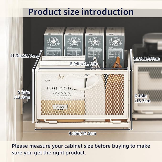 Pull Out Cabinet Organizer, No Drill Adhesive Sliding Drawers for Kitchen, Metal Mesh Wire Storage Shelf for Pantry & Under Sink, White (9.6" W x 11.8" D x 6.1" H)