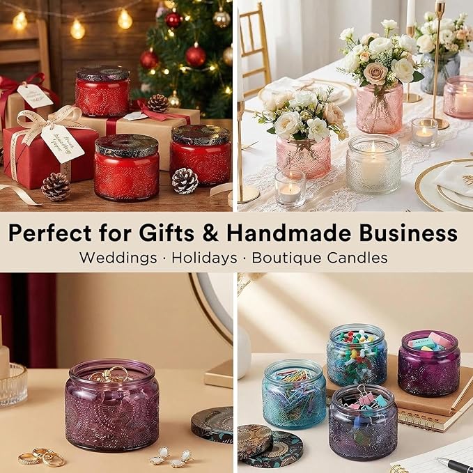 LumaCraft Luxury Embossed Glass Candle Jars for Making Candles - 12 Pack Empty Candle Containers with Airtight Metal Lids, 20 Wicks & 20 Stickers, Colored Glass Jars for Gifts & Decor-4OZ