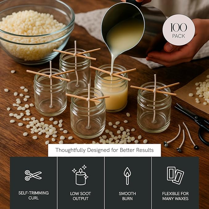 6" Eco Candle Making Wicks, Self-Trimming Design, Coreless Cotton Wicks for Candle Making, Ideal for DIY, Ideal for Low Melt-Point Waxes, Size ECO-10, Pack of 100