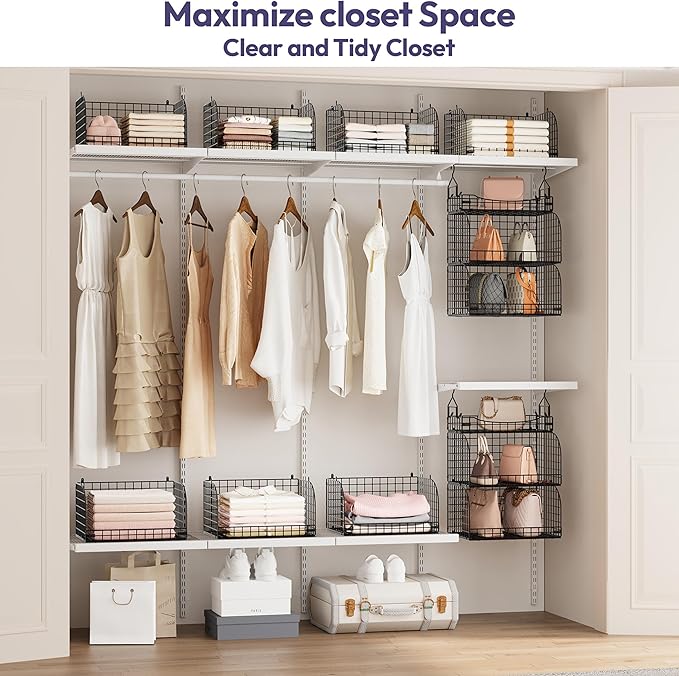 SWTYMIKI Hanging Closet Organizer Storage - 3 Tier Metal Stackable Hanging Closet Shelves with Dividers and S Hooks, Foldable Clothes Shelves for Clothes, Pants, Shoes, Coat, Hats Clutches Accessories