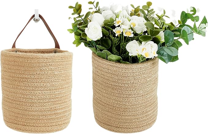 Wall Hanging Storage Baskets - Small Cotton Rope Woven Closet Storage Bins-Shelf Basket Organizer for Plants, Towels - 6.3" x 7" (Jute-Brown)