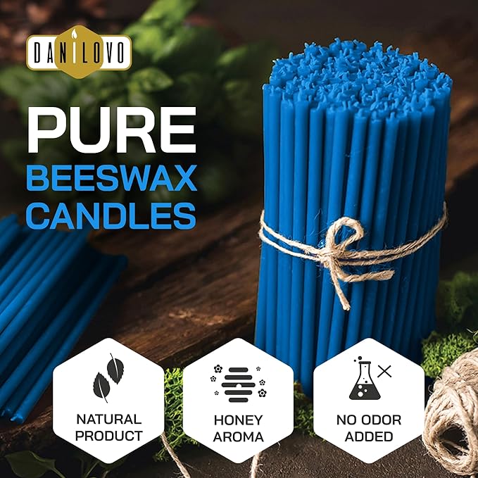 Danilovo Thin Taper Beeswax Candles - Honey-Scented, Decorative Candles Ideal for Birthday Decoration or Church Prayers - Blue Drip Free, Tall & Smokeless Pack of 50 pcs, 7.3 x 0.24 inch