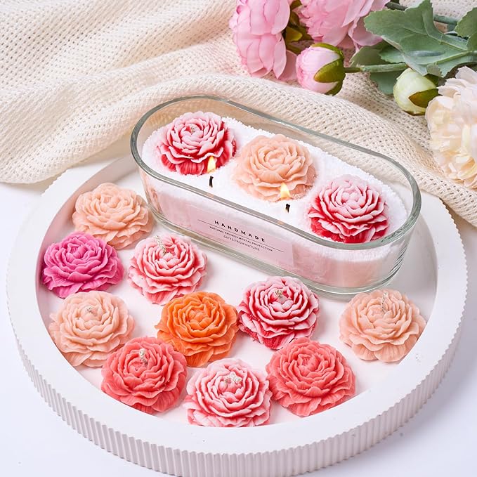 Peony Candle Making Kit with Candle Wicks Flower Silicone Mold for Candle Making Molds Set of Large + Medium + Small + 3 Cavities Peony Silicone Candle Mold Flower Wax Mold Soap Mould