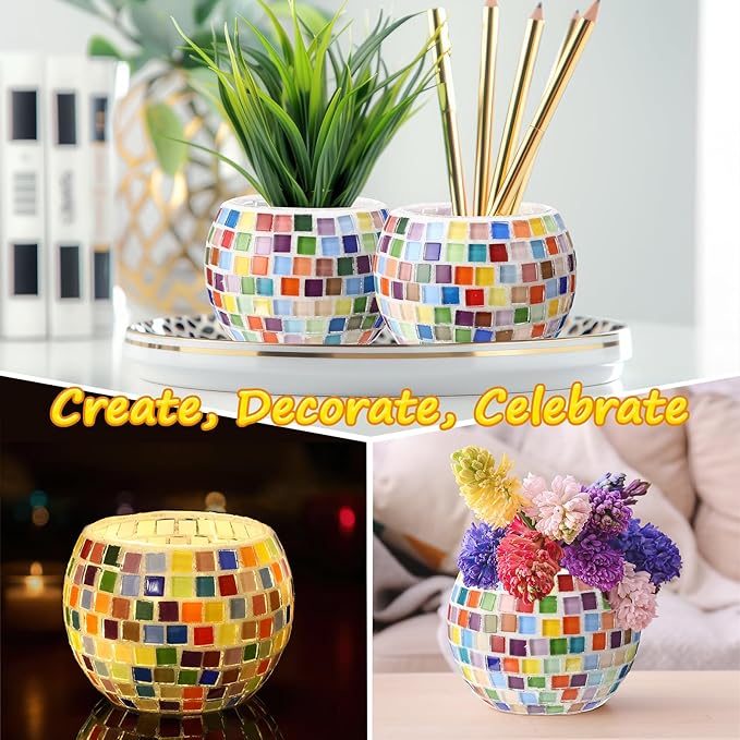 Remerry 2 Set Glass Mosaic Candle Holder Kit with Lights DIY Mosaic Arts and Crafts Gifts Decorative Handmade Flower Glass Vase Tealight Holder for Adults Home Lighting Decor