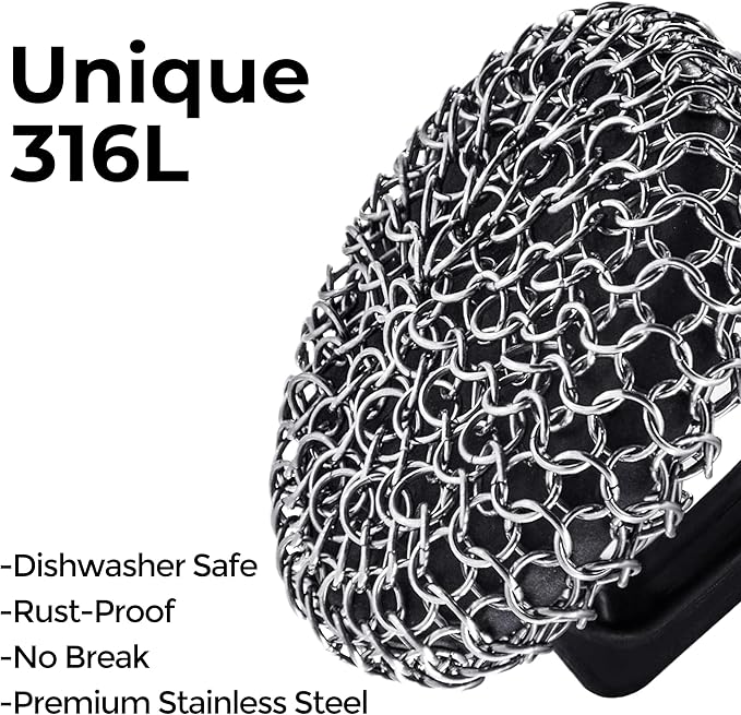 Amagabeli Cast Iron Cleaner with Handle Stainless Steel Chainmail Pan Scrubber for Cast Iron Skillet Cleaner Chain Mail Scrubber Brush Pan Pot Wok Griddles BBQ Grills