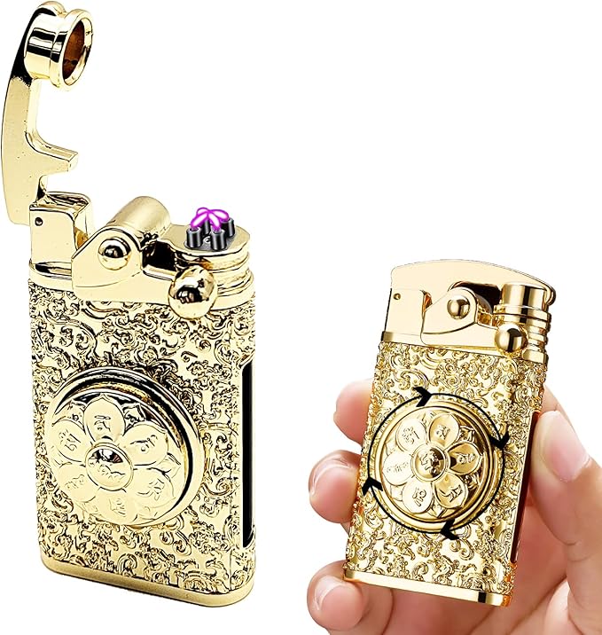 Electric Lighter USB Rechargeable Lighter, Windproof Plasma Dual Arc Lighters, Personalized Lighters, Flameless Cool Lighteres with LED Battery Indication for Candles, Outdoor Camping (Golden)