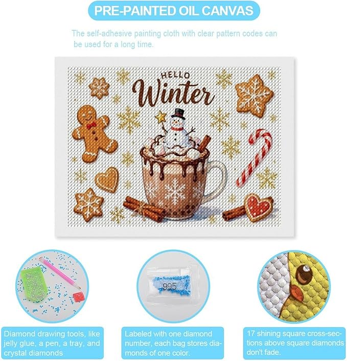 Diamond Painting Kits for Adults - Hello Winter Ice Cream & Gingerbread Snowflakes & Candles Painting DIY 5D Full Drill Diamond Dots Paintings with Diamonds Gem Art And Crafts Home Decor 12"x16"