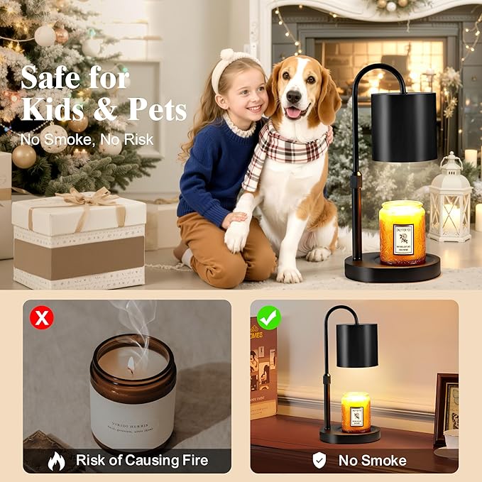 Dreamholder Electric Candle Warmer Lamp with Timer & Dimmer, Adjustable Height Wax Melt Warmer for Jar Candles, Wood Base Candle Melter, Floral Home Decor Gifts for Women, Mom, Black