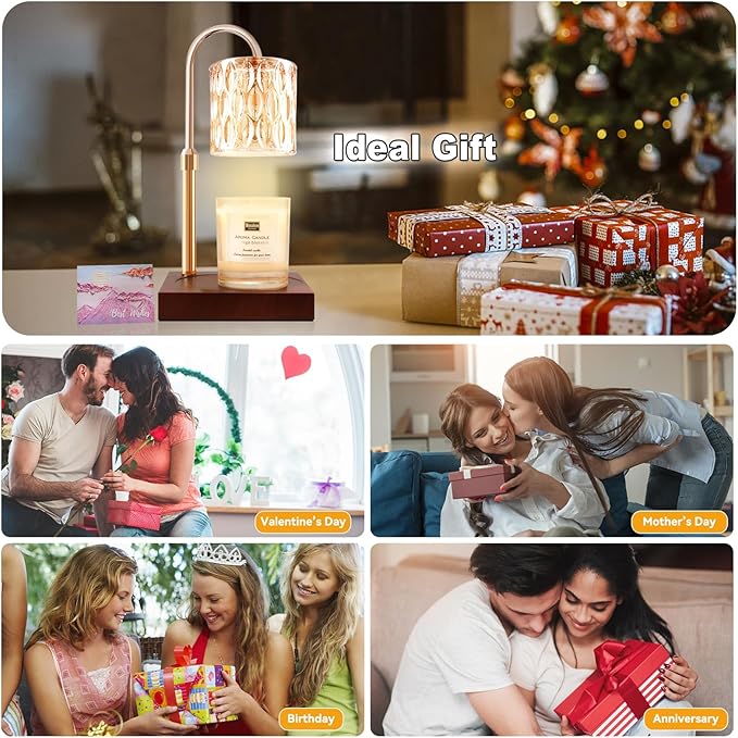 TOACSUCP Candle Warmer Lamp with 3 Bulbs, Adjustable Height Dimmable Candle Warmer with Timer, Compatible with Large Jar Candles, Candle Lamp with Charming Gift Box Ribbon for Her/Him(Walnut)