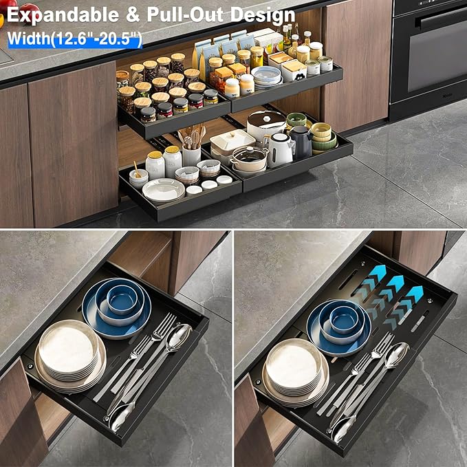 2 Pack Pull Out Cabinet Organizer, Expandable Slide Out Drawers for Kitchen Cabinets Peel and Stick Pullout Drawer Heavy Duty Sliding Shelves for Cupboard, Pantry, Bathroom(16.5" Deep, Black)