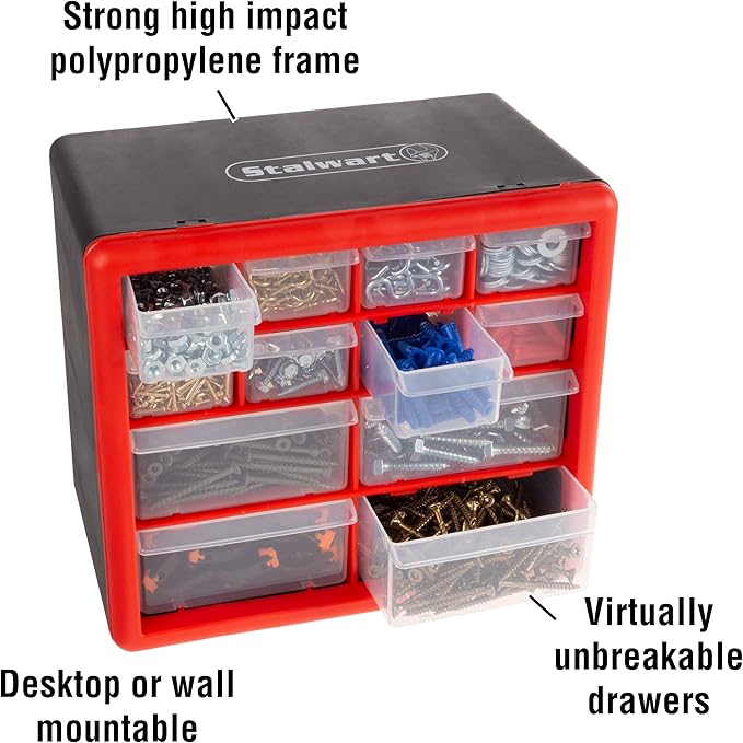 Stalwart - 75-ST6067 Storage Drawers-12 Compartment Organizer Desktop or Wall Mount Container- 4 Large and 8 Small Bins for Hardware, Beads, Jewelry, and More by