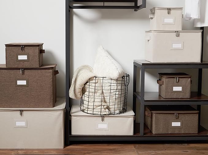 Covermates Keepsakes Zip-Top Storage Box Set, 3 Pack Heavy Duty Polyester Organizer Bins, Stackable Design, ID Window, Reinforced Handles, Closet Home Storage, Brown Heather
