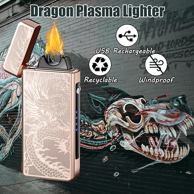 Electric Lighters - Plasma Dragon, USB Rechargeable, Windproof Flame, Butane Free with LED Battery Indication for Candles, Incense, Camping (Gold Dragon)