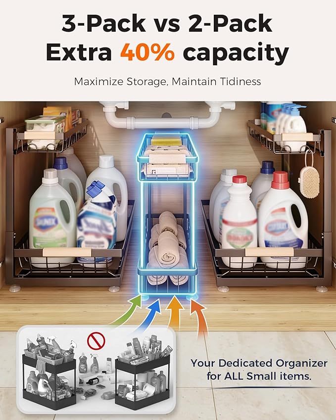 3 Pack Under Sink Organizer, Multi-Purpose 2 Tier Pull-Out Metal Under Kitchen Sink Organizer, Height Adjustable Storage Shelves for Kitchen Bathroom Cabinet (Brown)