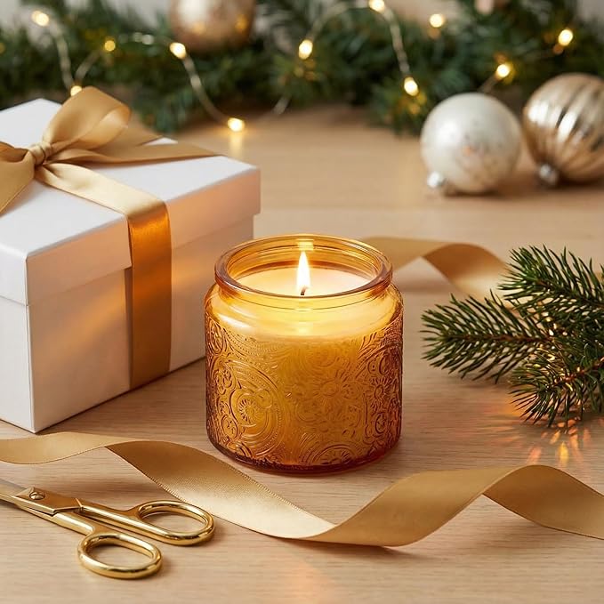 9-Pack 10 oz Sun Moon Star Embossed Glass Candle Jars with Mirror Lids and Labels - Unique Orange Candle Containers with Lids for Candle Making