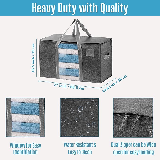 VENO 6 Pack Moving Bags with Clear Window, Heavy Duty Storage Bins with Lid, Around Handles, Tag, Zippers, Extra Large Totes Packing Moving Boxes Supplies for College Dorm Clothes (Dark Gray)