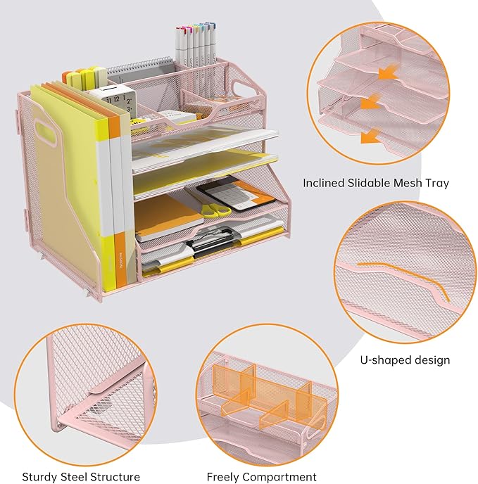 YINGHUA 5 Tier Paper Tray Letter Organizer with Top 6 Adjustable Compartments and File Holder - Paper Sorter Office Desktop Accessories with Handles for Document,Mail,School Supplies Storage,Pink