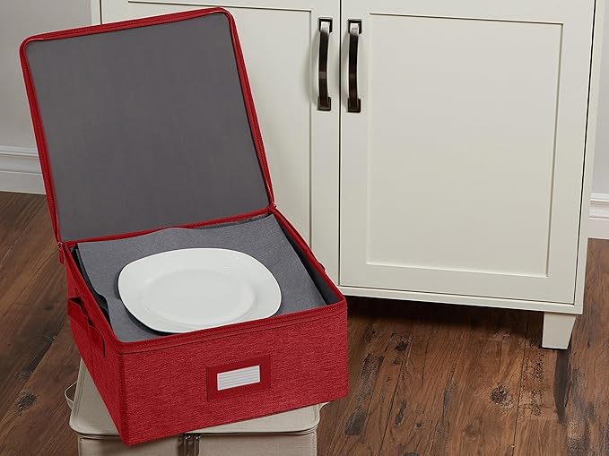 Covermates Dish Storage Box – China & Dinner Plate Storage Container with Dual Zippers, Reinforced Handles, ID Window & Stackable Structured Walls for Dishware Organization, Red Heather