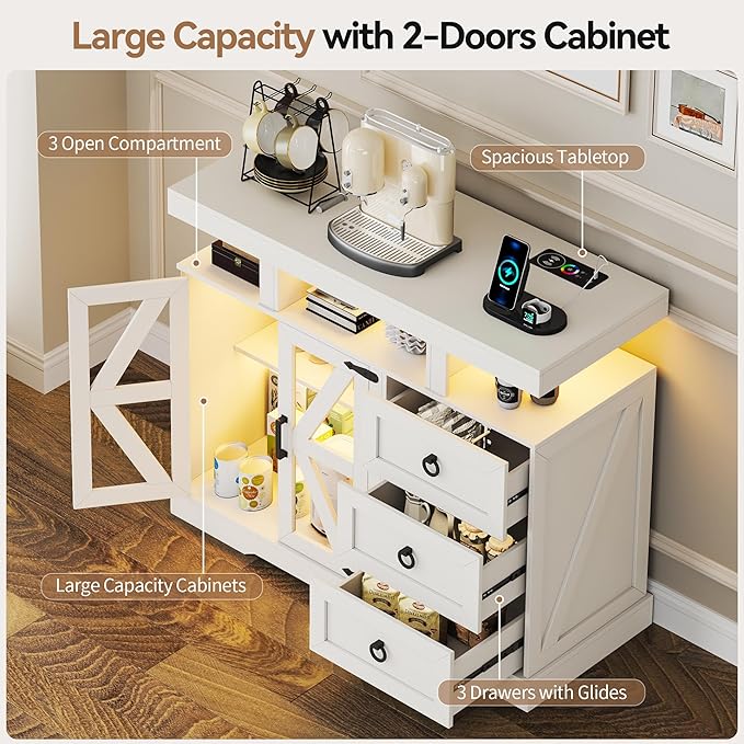 Lvifur LED Farmhouse Sideboard Buffet Cabinet with Storage, Wood Coffee Bar Station Table w/Charging Station, Large Kitchen Storage Cabinet w/Adjustable Shelf and 3 Drawers for Dining Room (White)