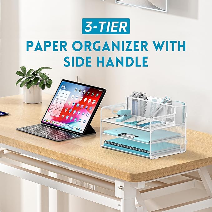 3 Tier Paper Letter Tray Organizer with Pen Holder for Desk, Black Metal Mesh Desk File Folder Sorter Organizer with Handle and Sliding Tray for Home, Office, School Supplies Organization(White)