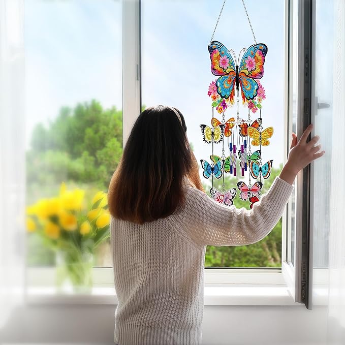 Butterfly Diamond Dots Wind Chimes DIY Kits 5D Diamond Art Painting Wind Chime Butterfly Hanging Ornaments Double Sided Special Shaped Gem by Number Stitch Wind Chime Pendant for Yard Tree Home Decor