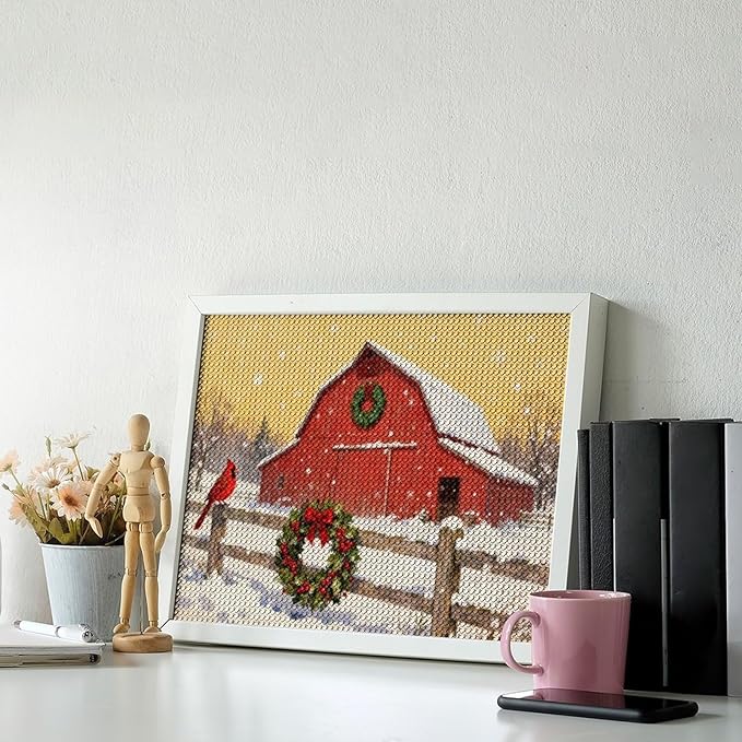 AIVKIEJK Diamond Painting Kits for Adults - Christmas Winter Cardinal, Red Barn Scene Painting DIY 5D Full Drill Diamond Dots Paintings with Diamonds Gem Art and Crafts Home Decor 12"x16"