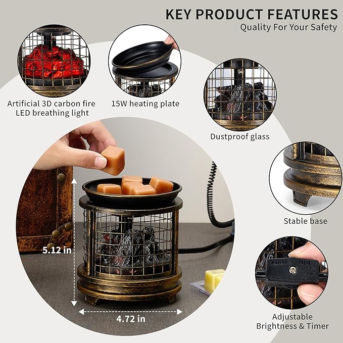 MOAFINA Bronze Grid Campfire Wax Melt Warmer with Timer, 3D LED Fire Effect 4-in-1 Electric Wax Warmer for Scented Wax, Home/Bedroom/Office Gifts & Decor