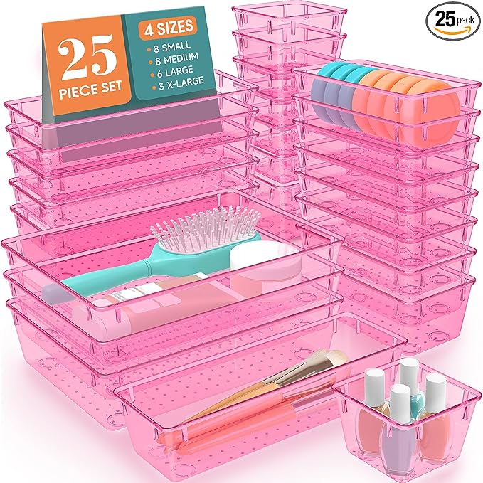 SpaceHacks 25 PCS Plastic Drawer Organizer Set, 4-Size Versatile Organizer Trays & storage Bins for Makeup, Jewelry, and Gadgets in Bathroom, Bedroom and Office, Clear Pink