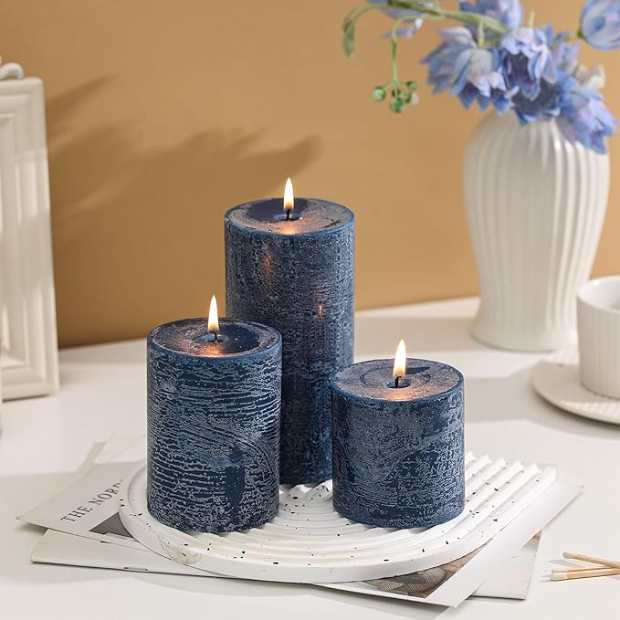 3x4 Inch Dark Blue Pillar Candles Set of 3 - Hand-Poured Unscented Candles, Long Clean Burning, Navy Blue Candle, Smokeless Dripless Candle for Dinner Table, Wedding, Home, Rustic Decor