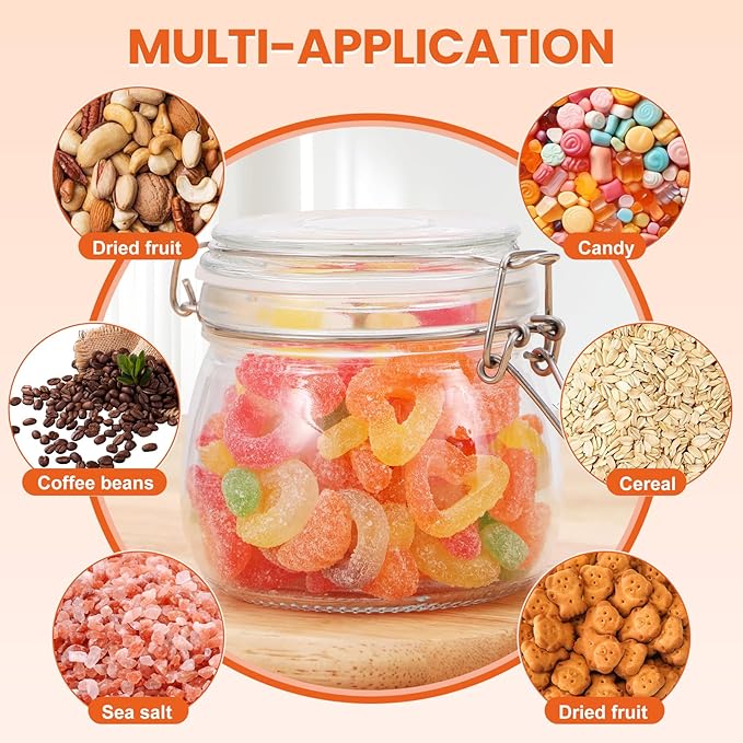 Hovico 17 oz Glass Jars with Airtight Lids And Leak Proof Rubber Gasket, Wide Mouth Mason Jars with Hinged Lids for Kitchen Canning Cereal,Pasta,Sugar,Beans,Spice, Glass Storage Containers, Set of 6