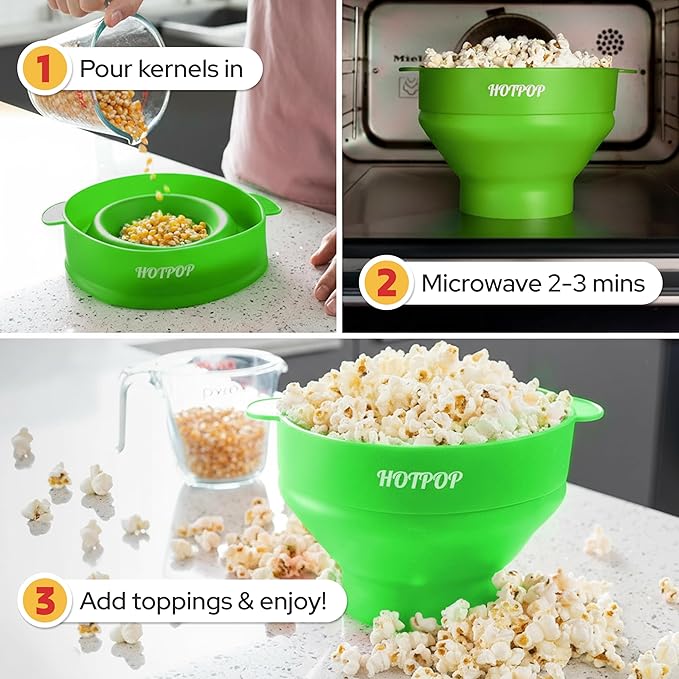 The Original Hotpop Microwave Popcorn Popper, Silicone Popcorn Maker, Collapsible Bowl BPA-Free and Dishwasher Safe- 20 Colors Available (Green)