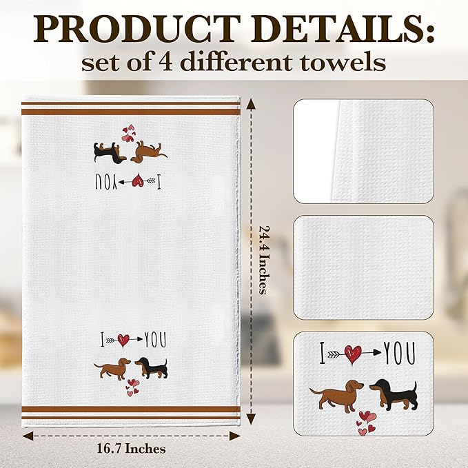 DETIHO Dachshund Gifts for Women, Weiner Dog Lover Kitchen Gifts for Women, Set of 4 Cute Kitchen Towels Decor, Hand Tea Towels for Kitchen Dish 16x24 Inches (A05)