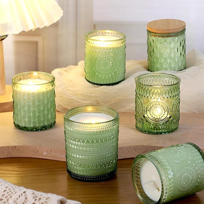 DARJEN 12 Pack Green Candle Jars for Making Candles- 3 Styles Glass Candle Making Jars Bulk with Bamboo Lids and Labels, Candle Making Supplies Candle Vessels for Home Decor