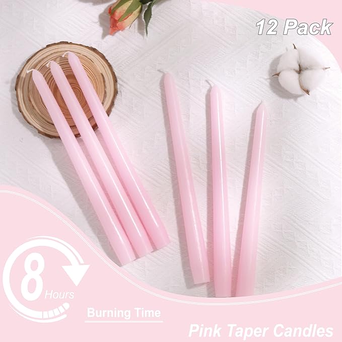Pink Taper Candles 10-Inch - Pink Candlesticks 12 Pack Dripless Tapered Candle Unscented Tall Smokeless 8 Hours Long Burning Candle Sticks Paraffin Wax for Weddings Valentine’s Day Dinner