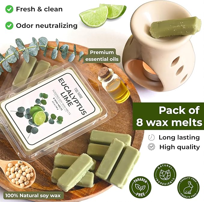 TRUMIRI Eucalyptus Lime Scented Wax Melts - Made with Non Toxic Soy Wax and Essential Oils - Long Lasting Strong Scent Pet Safe Aromatherapy Candle Wax Cubes Tarts for Warmers