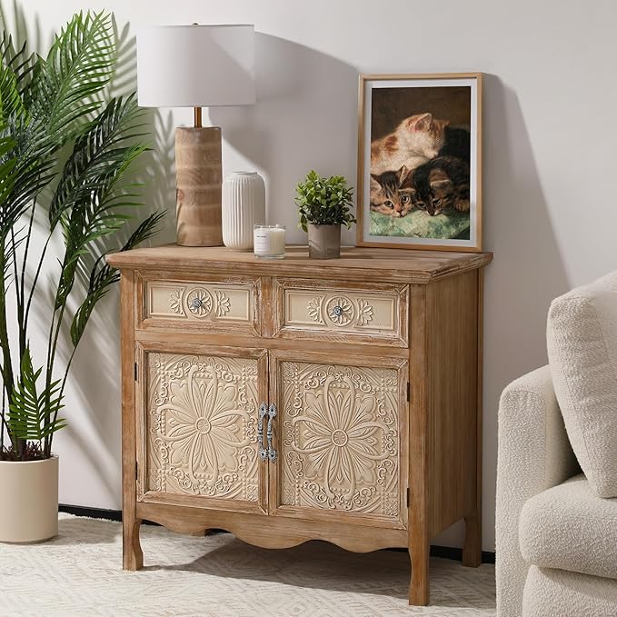 RoyalCraft Vintage Sideboard Buffet, Accent Cabinet with 2 Carved Doors and 2 Drawers, French Country Cabinets for Dining Room, Kitchen, Living Room, Hallway (Natural2, 16''D x 30''W x 30''H)
