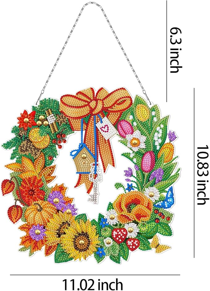 5D Diamond Dots Fall Wreath with LED Light String DIY Pumpkin Sunflower Diamond Art Painting Thanksgiving Wreaths Hanging Pendant Special Shaped Beads by Number Kits Farmhouse Wall Front Door Decor
