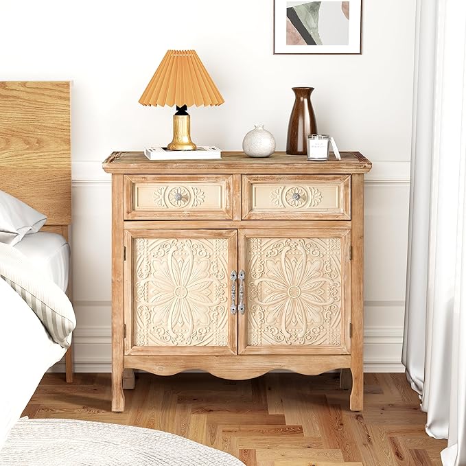 RoyalCraft Vintage Sideboard Buffet, Accent Cabinet with 2 Carved Doors and 2 Drawers, French Country Cabinets for Dining Room, Kitchen, Living Room, Hallway (Natural2, 16''D x 30''W x 30''H)