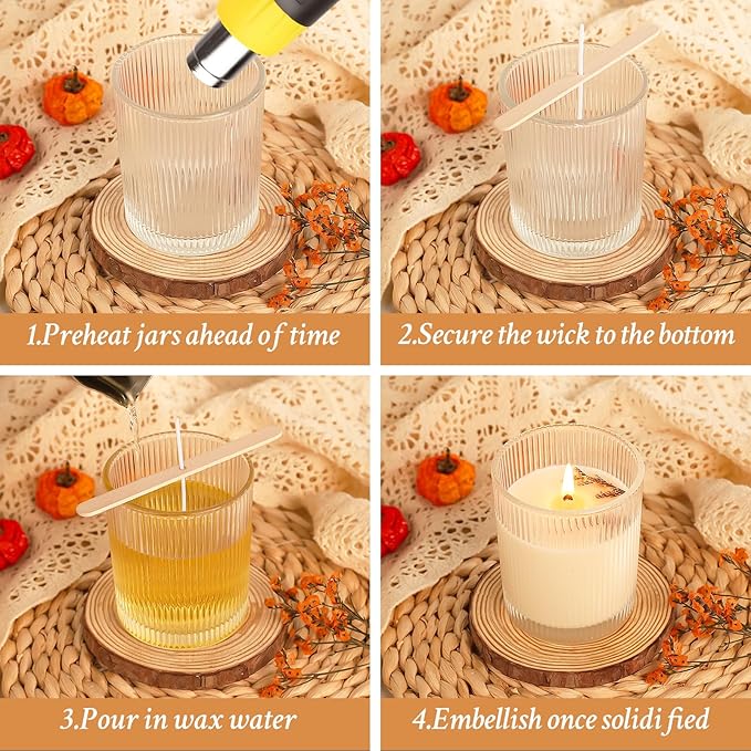CONNOO 16 Pack 7 OZ Thick Ribbed Glass Candle Jars for Making Candles with Airtight Bamboo Lids, Wicks & Stickers, for DIY Candle Making, Bulk Orders, Gifts & Home Décor, Clear