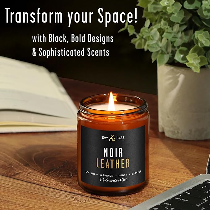 Noir Leather Candle I Scented Black Candles for Men or Women - Leather, Cardamon & Jasmine Soy Wax Mens Candle - Essential Oil Infused I Gifts for Men I Long 50Hr Burn, 9oz I Made in USA