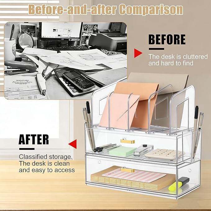 LALOBLUE Acrylic Desk Organizer with Drawer, Office Supplies,Organization Storage, 2 PC Drawer Organizer with 4 File Sorter, Desk Organizers and Accessories, Clear Acrylic File Organizer